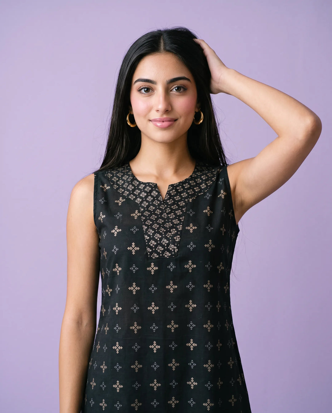 Black Printed Cotton Midi Dress