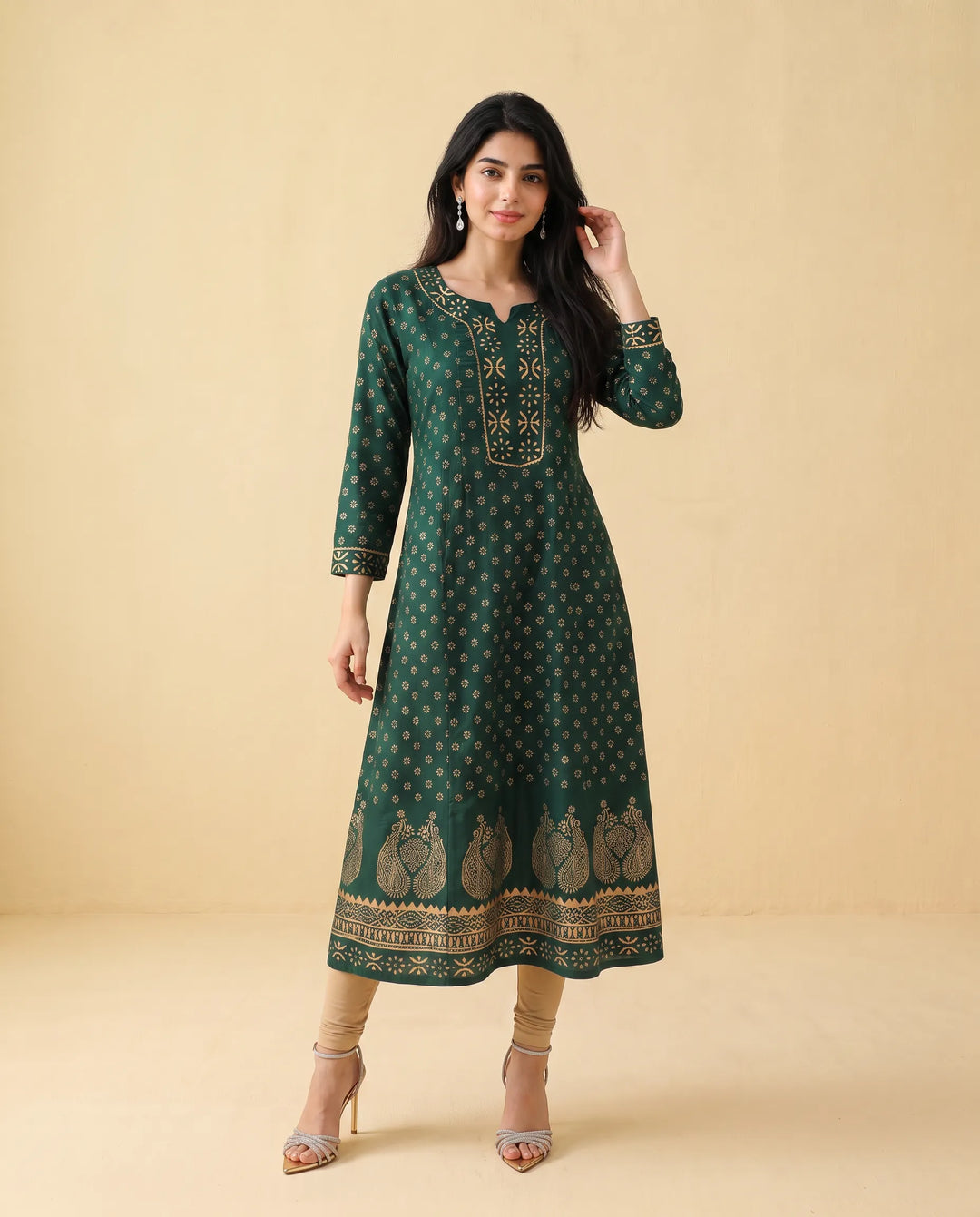 Green Printed Cotton Long Kurta
