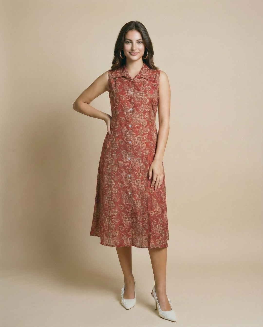 Maroon Printed Viscose Blended Midi Dress