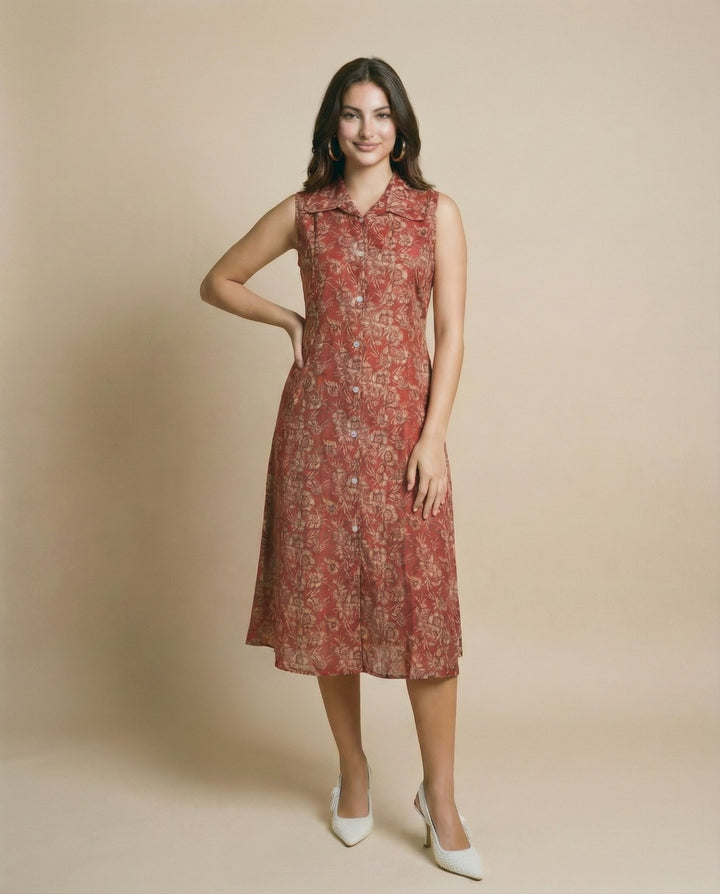 Maroon Printed Viscose Blended Midi Dress