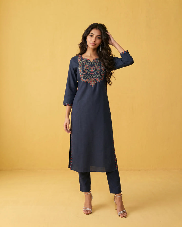 Navy Embroidered Viscose Blended Straight cut Long Kurta