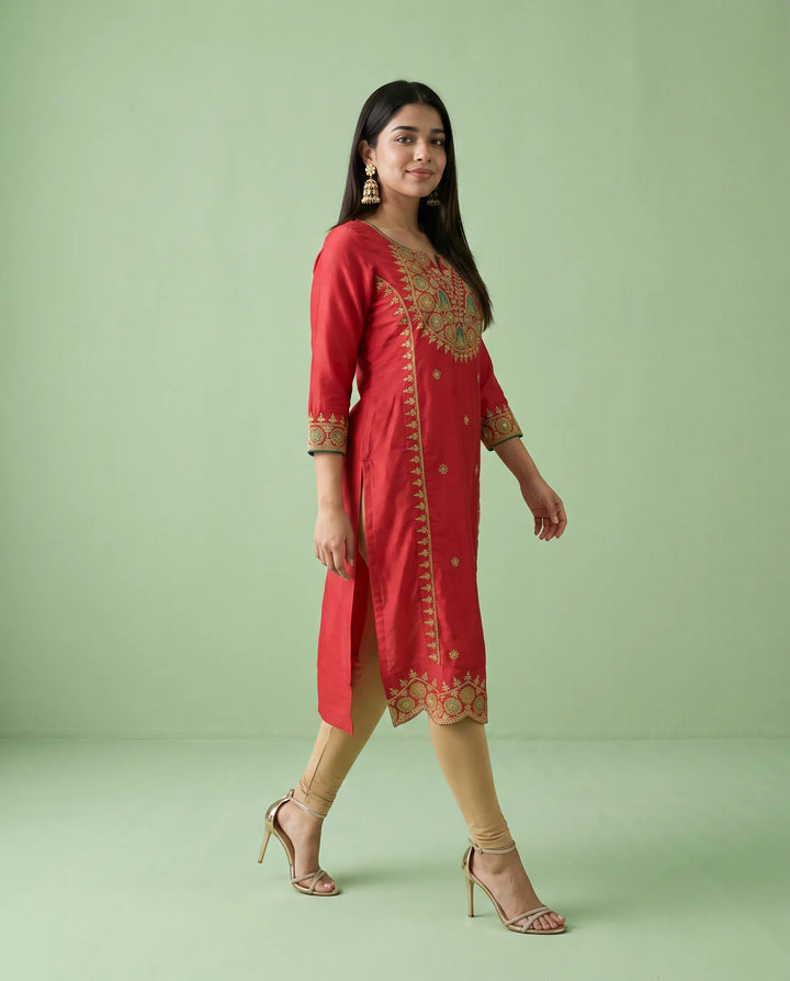 Red Embroidered Viscose Blended Straight cut Long Kurta