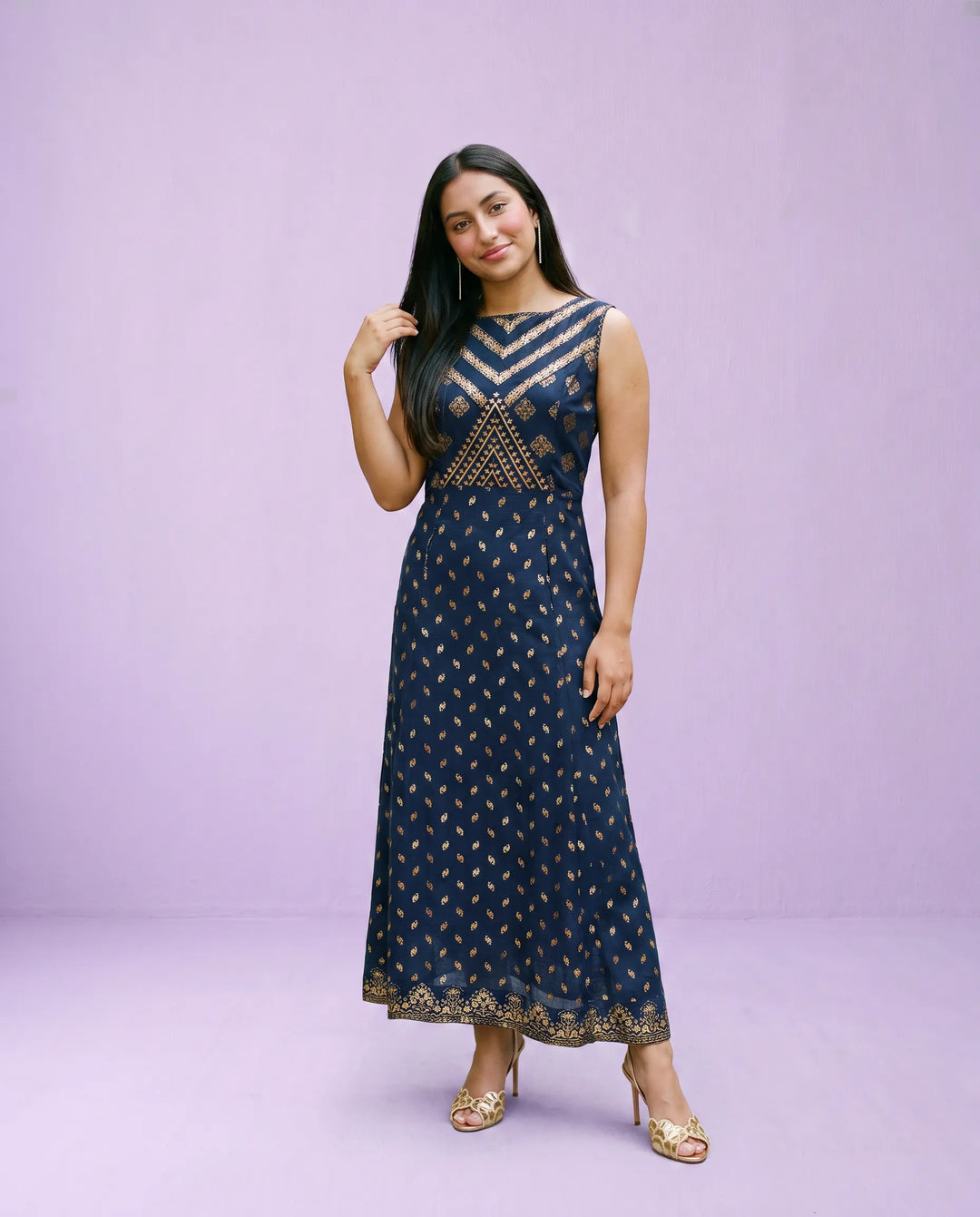 Navy Printed Rayon Sleeveless Maxi Dress