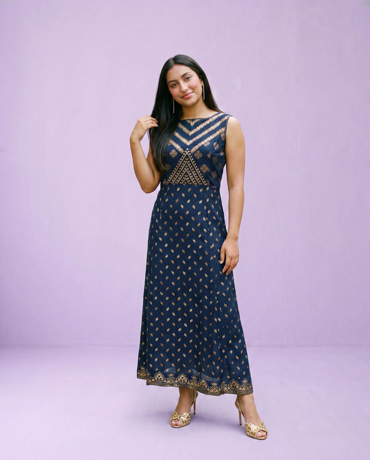 Navy Printed Rayon Sleeveless Maxi Dress
