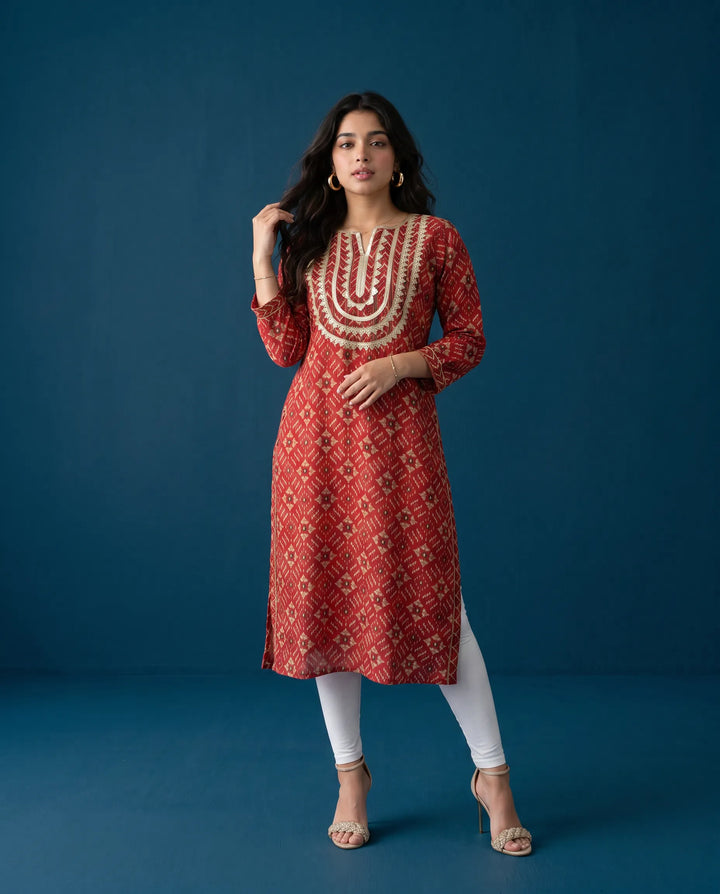 Maroon Printed Viscose Blended Straight cut Long Kurta