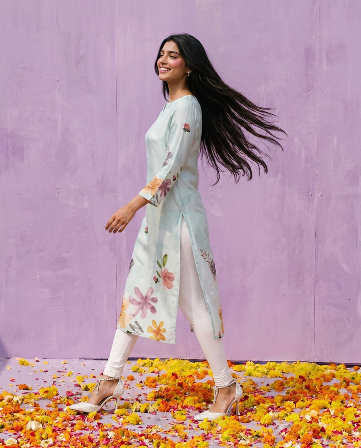 Sea Green Printed Crepe Silk Straight cut Long Kurta