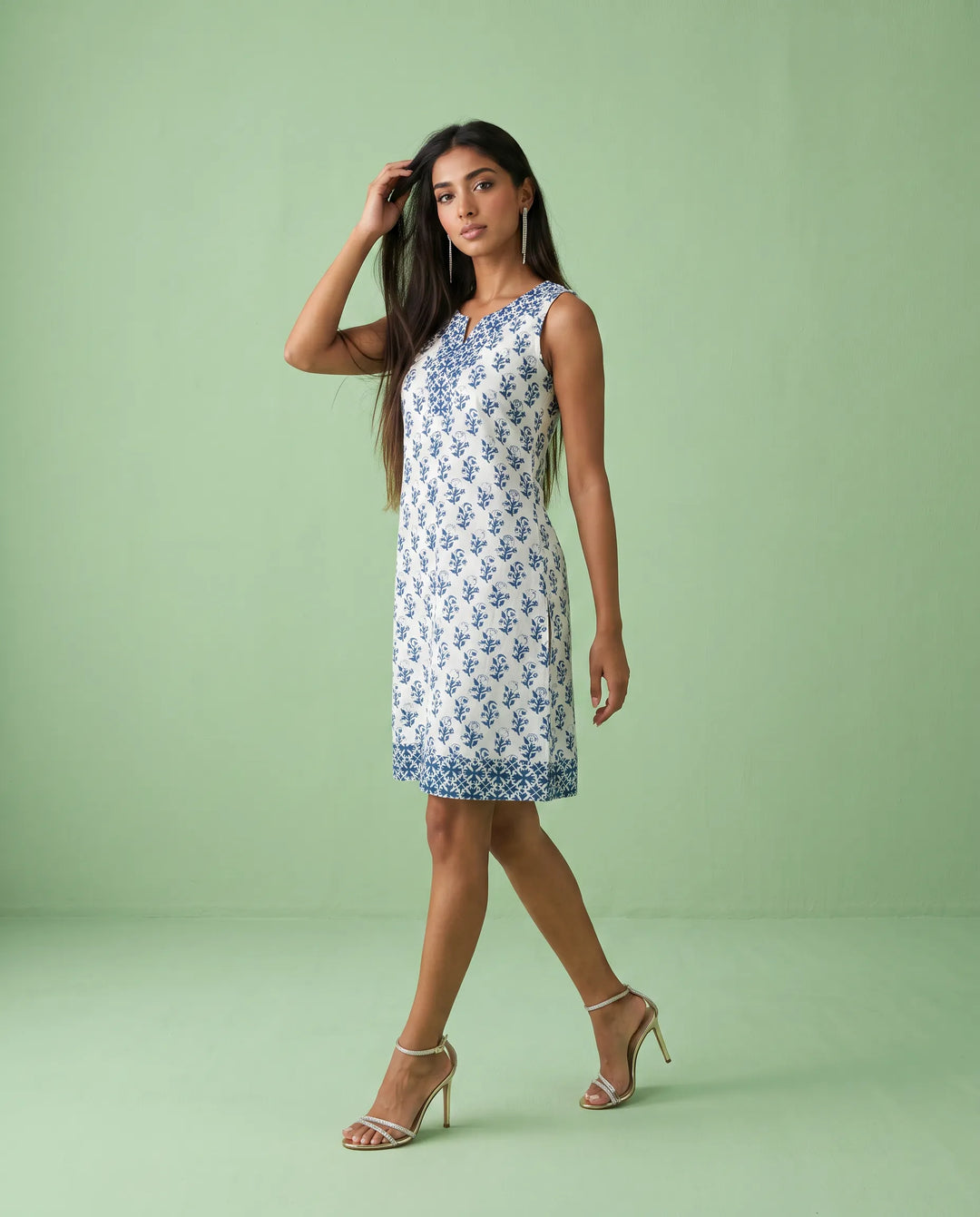 Blue Printed Pure Cotton Hand-Block Printed Midi Dress