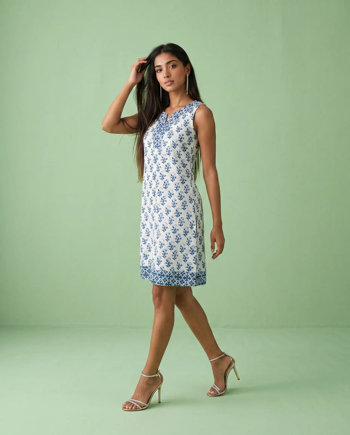 Blue Printed Pure Cotton Hand-Block Printed Midi Dress