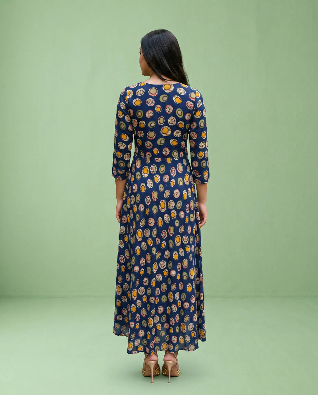 Navy Printed Rayon Maxi Dress