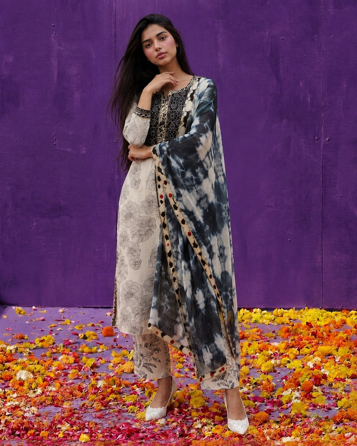 White Printed Cotton Kurta Bottom Dupatta Set
