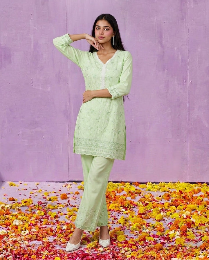 Lime Green Embriodered Cotton Satin Co-Ord Set