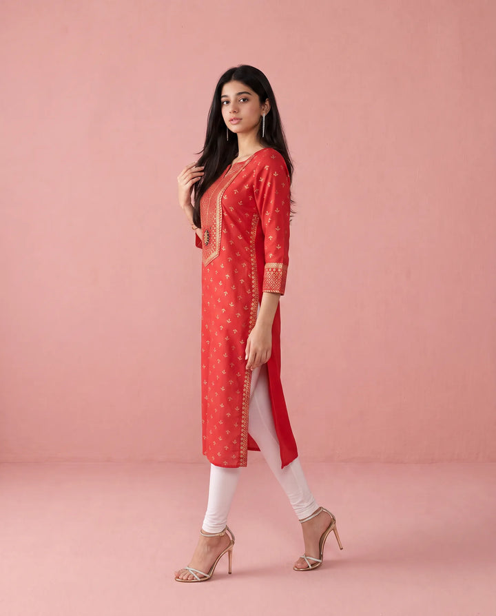 Red Printed Cotton Straight cut Long Kurta