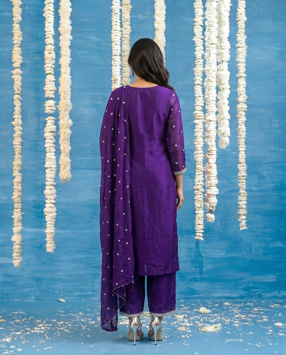Purple Embriodered Silk Blended Kurta Bottom Dupatta Set