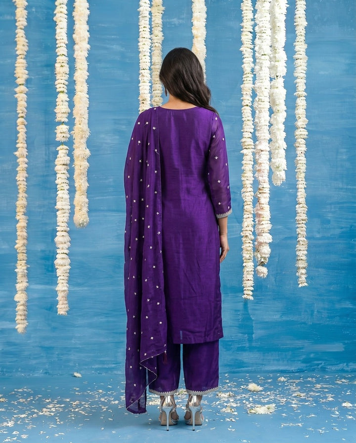 Purple Embriodered Silk Blended Kurta Bottom Dupatta Set
