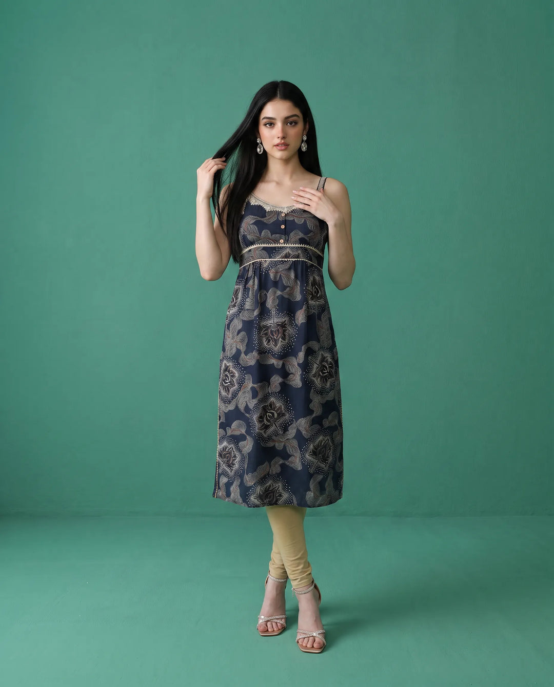 Navy Printed Viscose Blended Spaghetti Strap Straight Cut Long Kurta