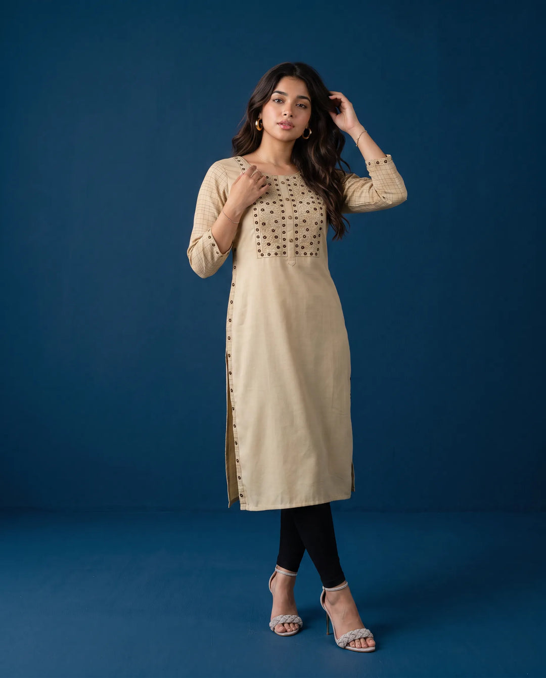 Beige Embroidered Cotton Straight cut Long Kurta