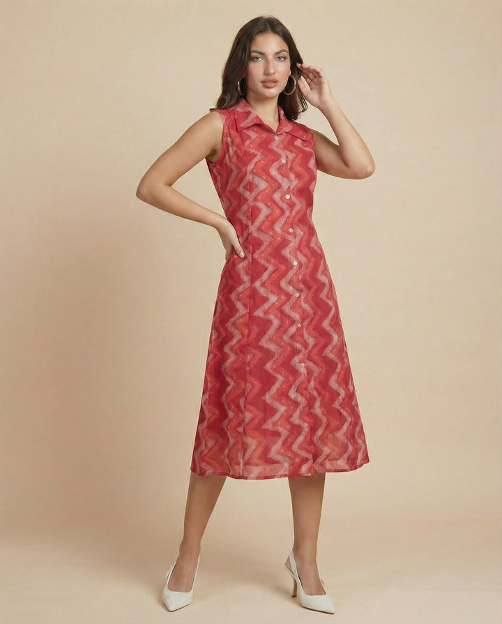 Red Printed Viscose Blended Midi Dress
