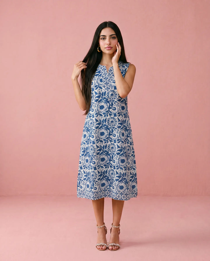 Blue Printed Pure Cotton Hand-Block Printed Midi Dress