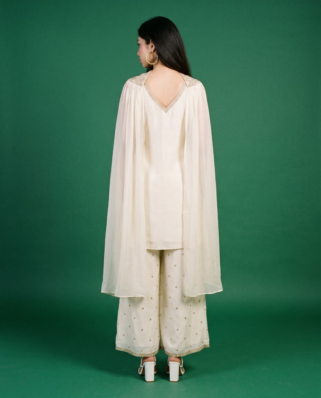 White Embroidered Silk Blended Spaghetti Strap Kurta Bottom Dupatta Set