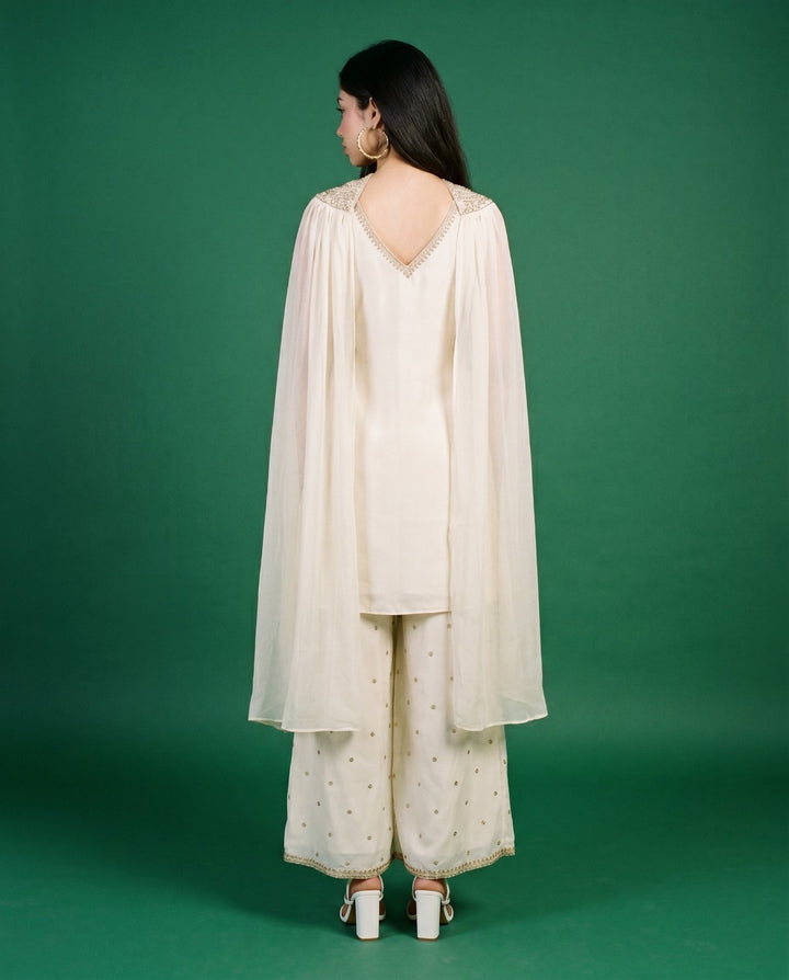 White Embroidered Silk Blended Spaghetti Strap Kurta Bottom Dupatta Set