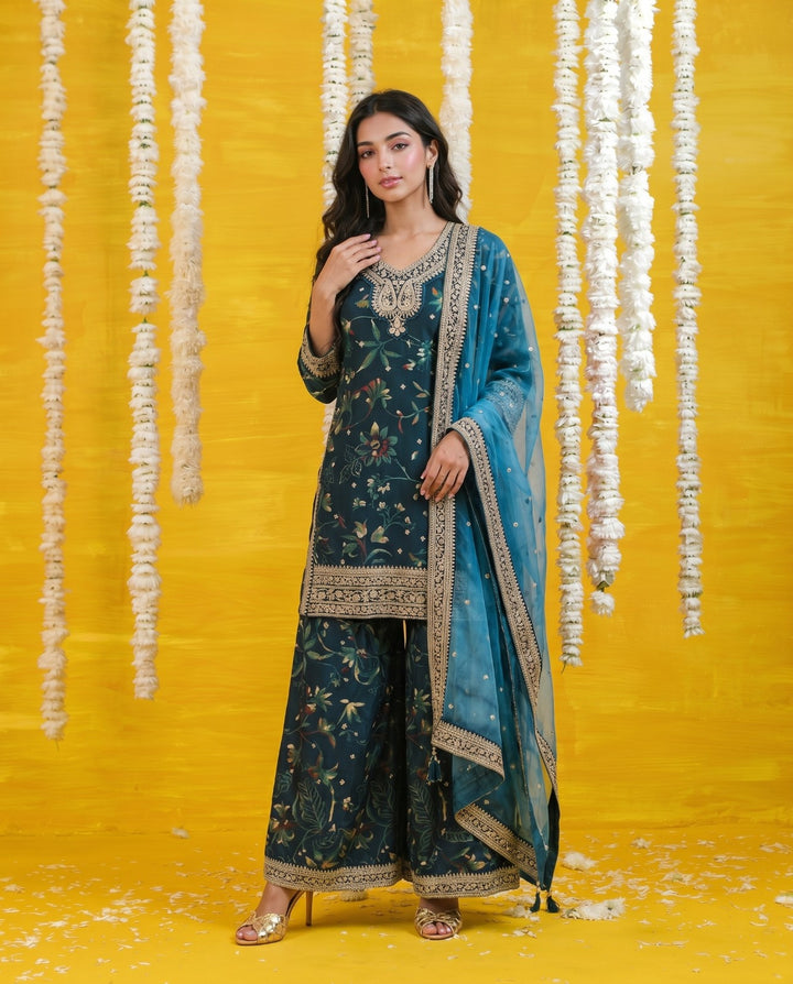 Teal Blue Embriodered Silk Blended Kurta Bottom Dupatta Set