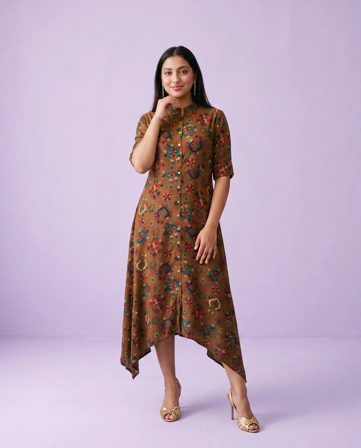 Brown Printed Rayon Maxi Dress