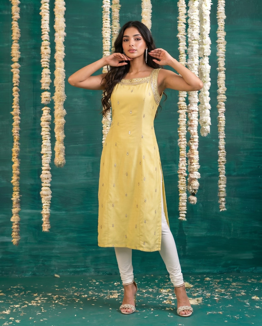 Yellow Embroidered Viscose Blended  Sleeveless Straight cut Long Kurta