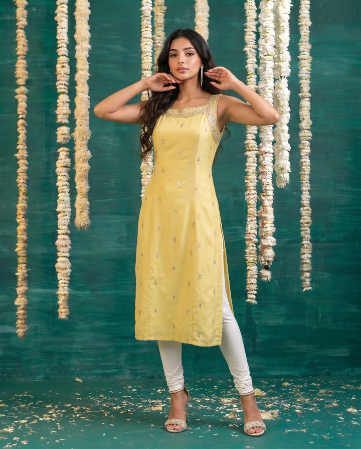 Yellow Embroidered Viscose Blended  Sleeveless Straight cut Long Kurta