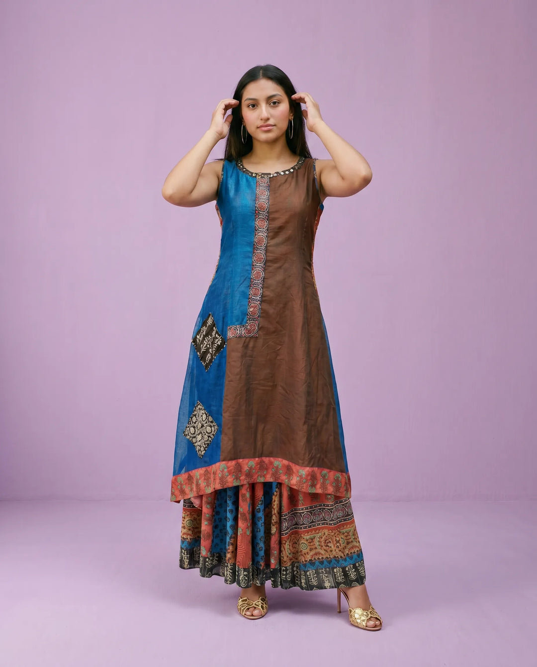 Navy Printed Viscose Blended Sleeveless Maxi Dress