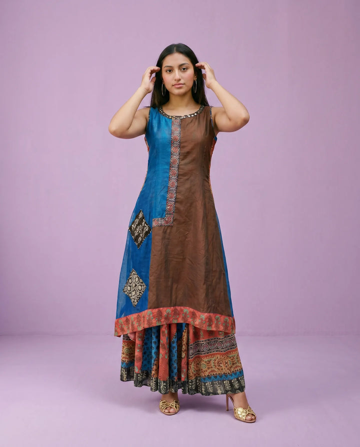 Navy Printed Viscose Blended Sleeveless Maxi Dress