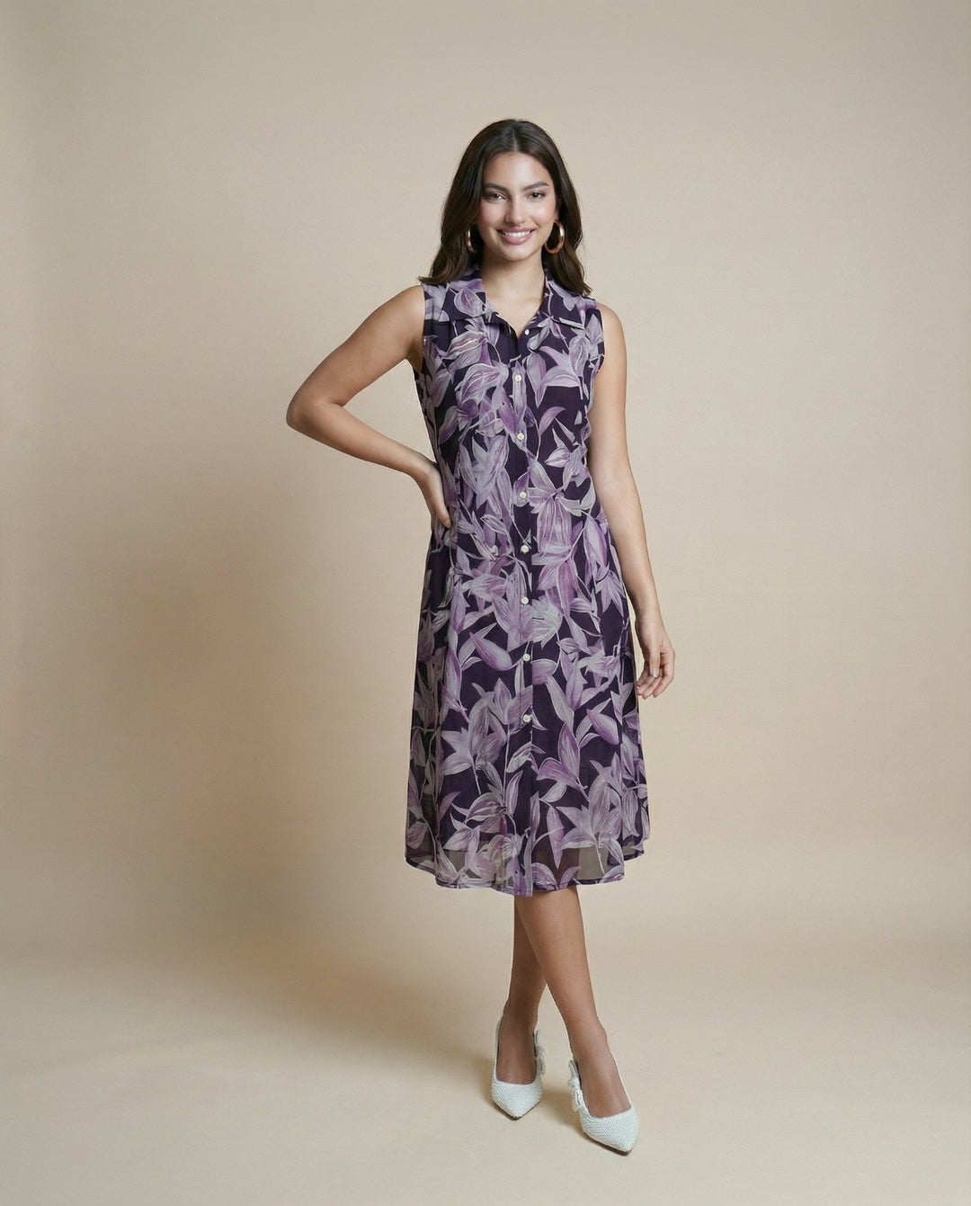 Purple Printed Viscose Blended Midi Dress