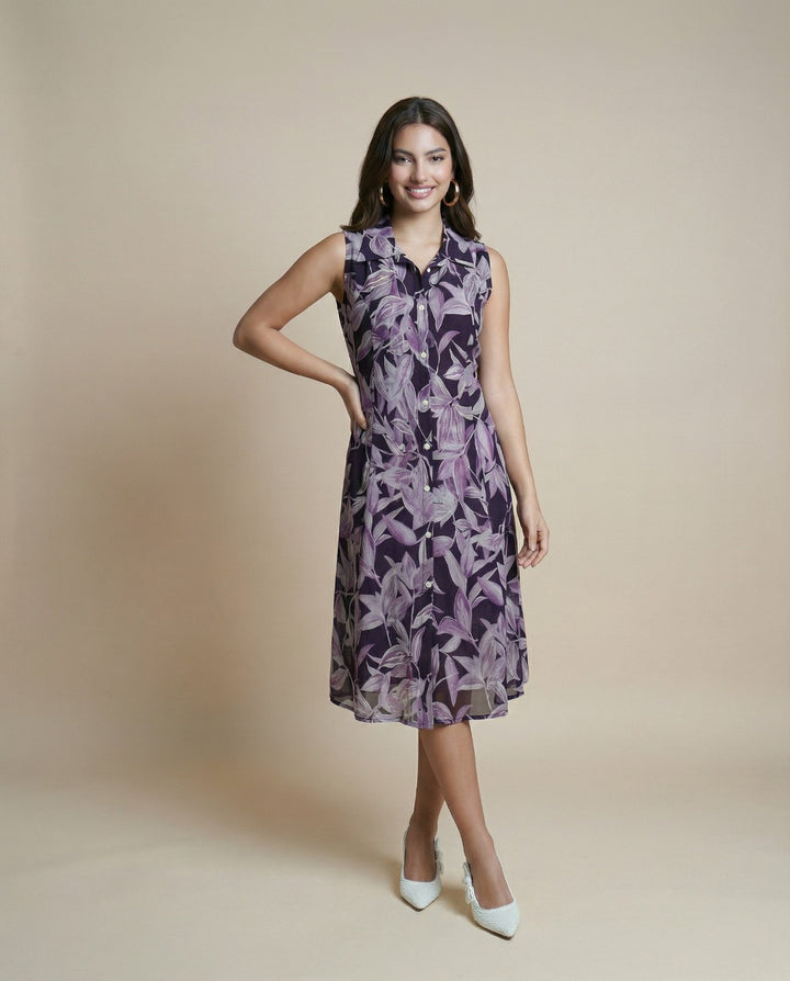 Purple Printed Viscose Blended Midi Dress