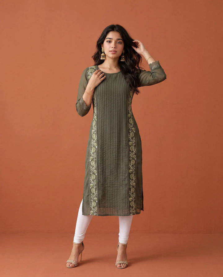 Olive Embroidered Georgette Straight cut Long Kurta
