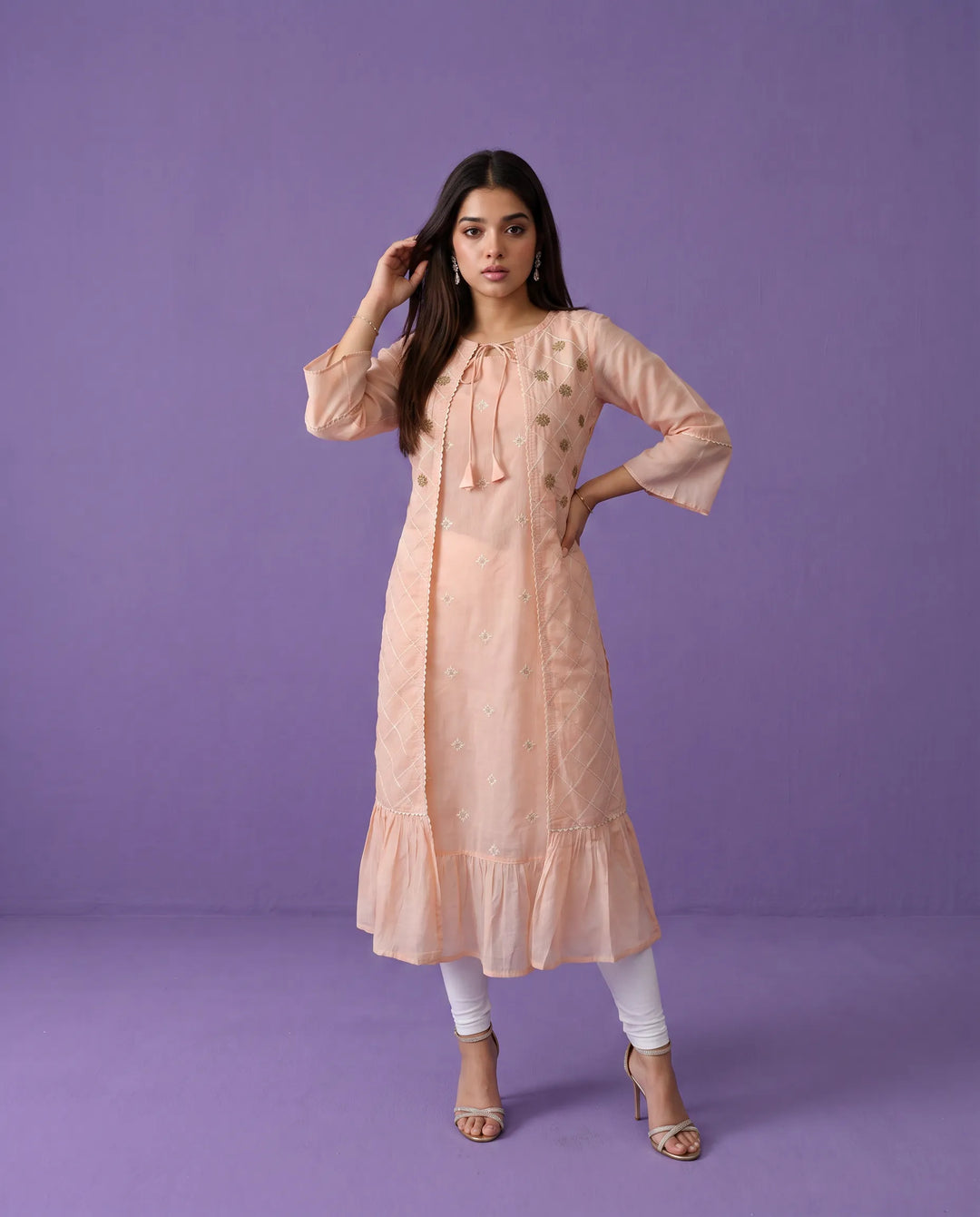 Peach Embroidered Chanderi Long Kurta