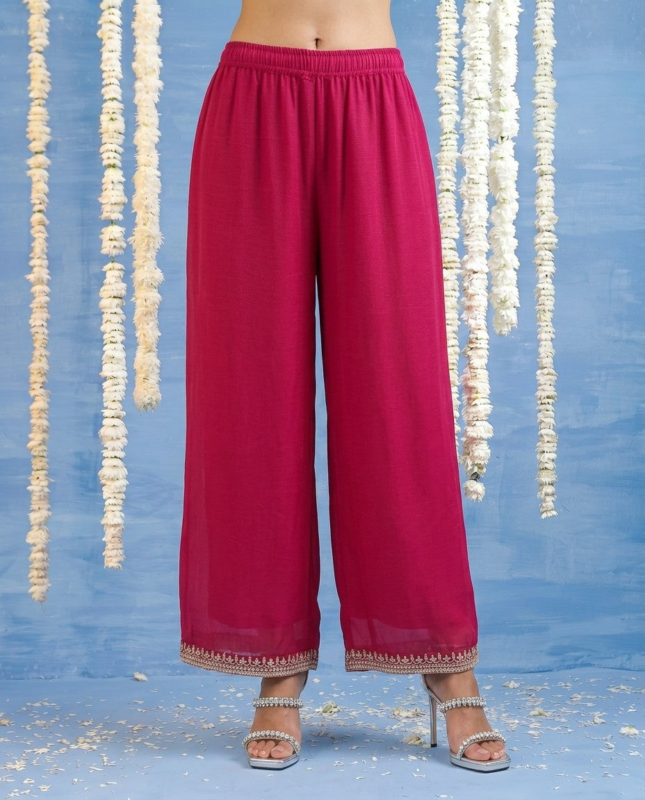 Magenta Embriodered Silk Blended Kurta Bottom Dupatta Set