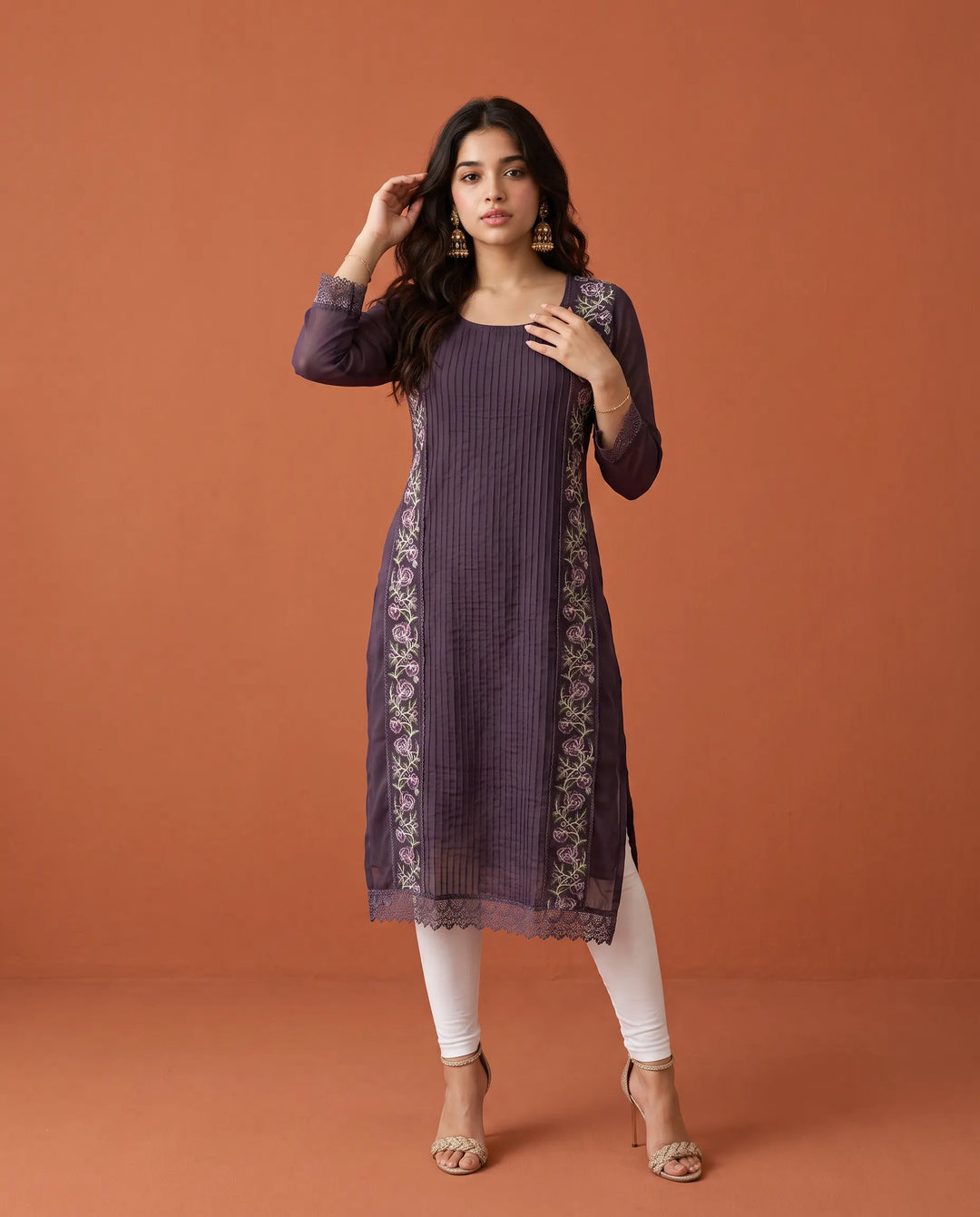 Purple Embroidered Georgette Straight cut Long Kurta