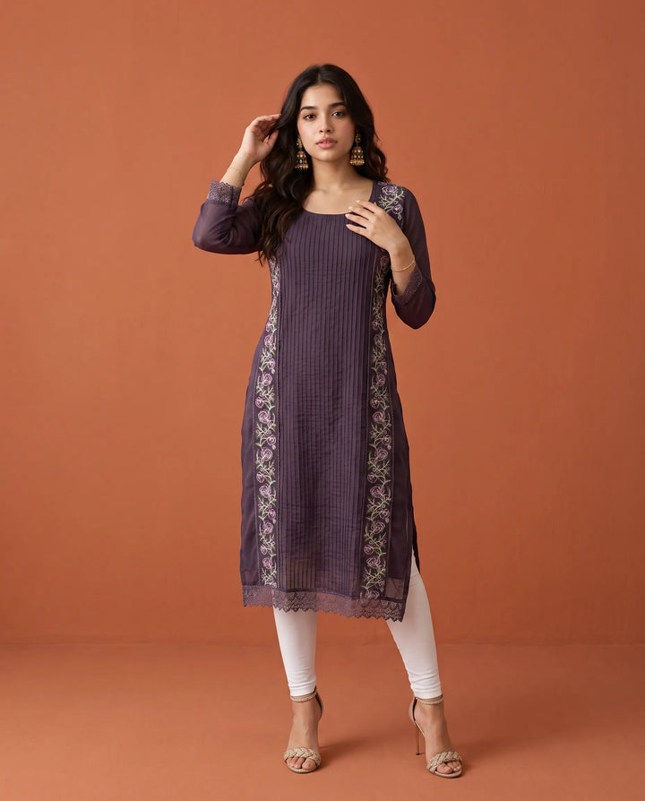 Purple Embroidered Georgette Straight cut Long Kurta