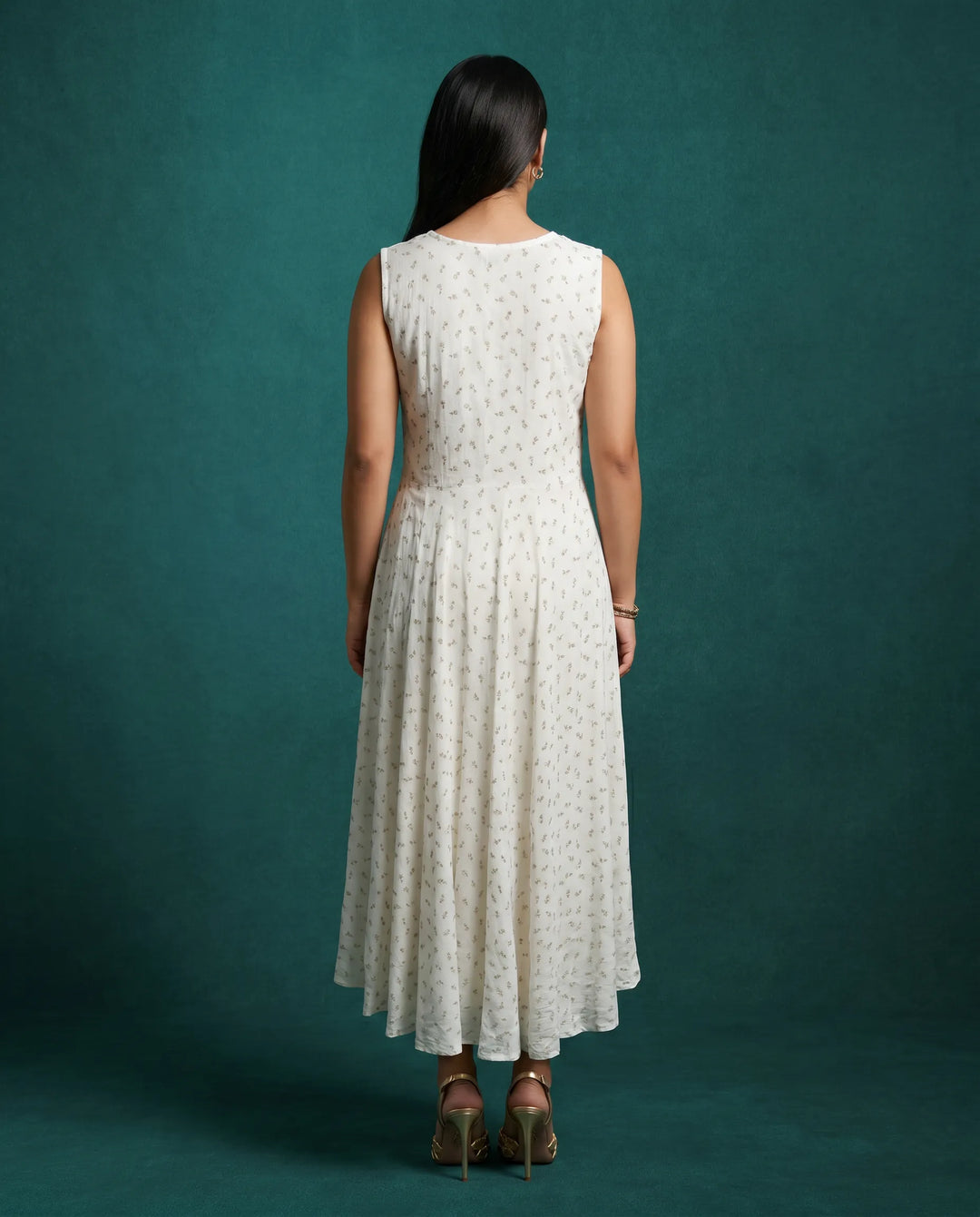 White Printed Rayon Sleeveless Maxi Dress