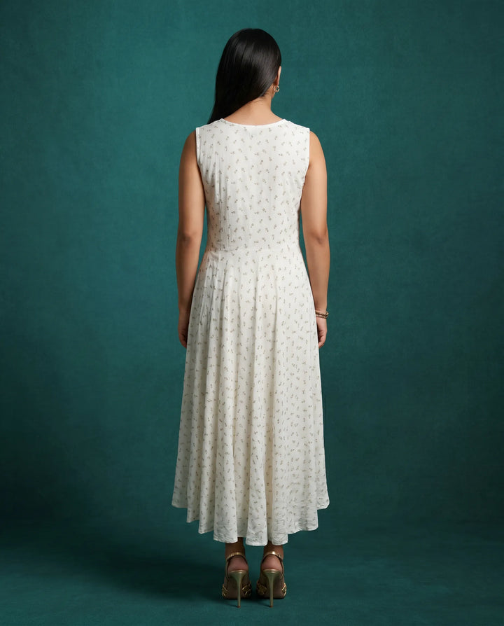 White Printed Rayon Sleeveless Maxi Dress