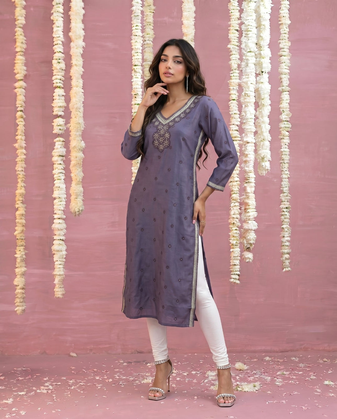 Purple Embroidered Viscose Blended Straight cut Long Kurta