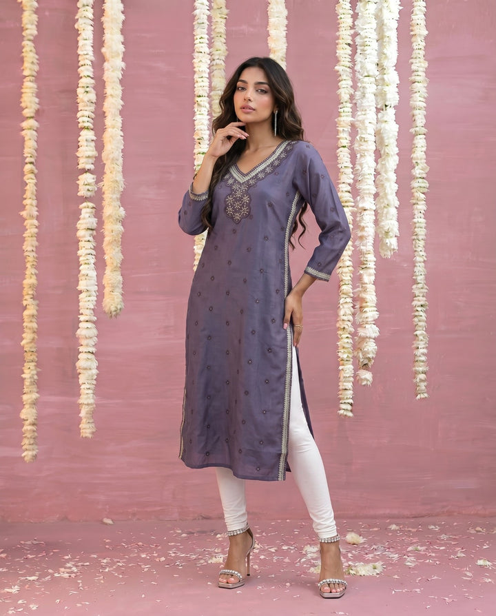 Purple Embroidered Viscose Blended Straight cut Long Kurta