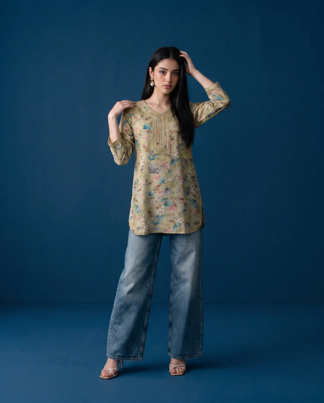 Beige Printed Cotton Blended Short Kurti