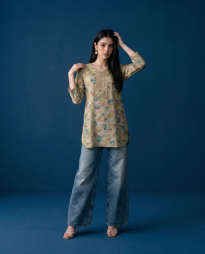 Beige Printed Cotton Blended Short Kurti