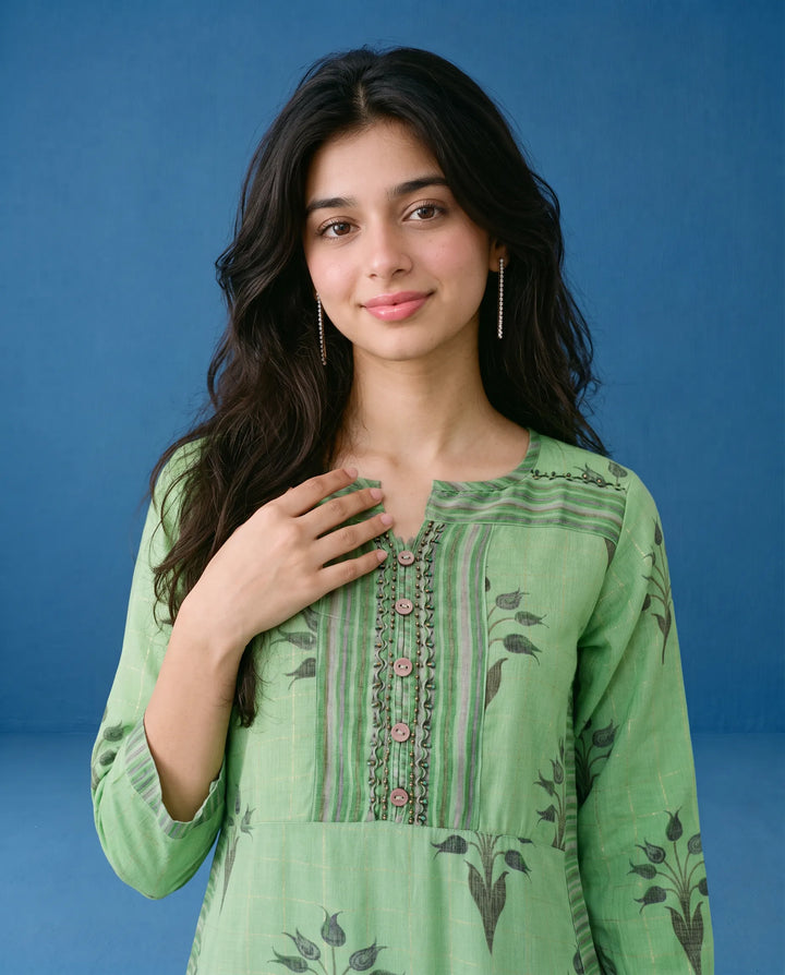 Green Printed Cotton Straight cut Long Kurta