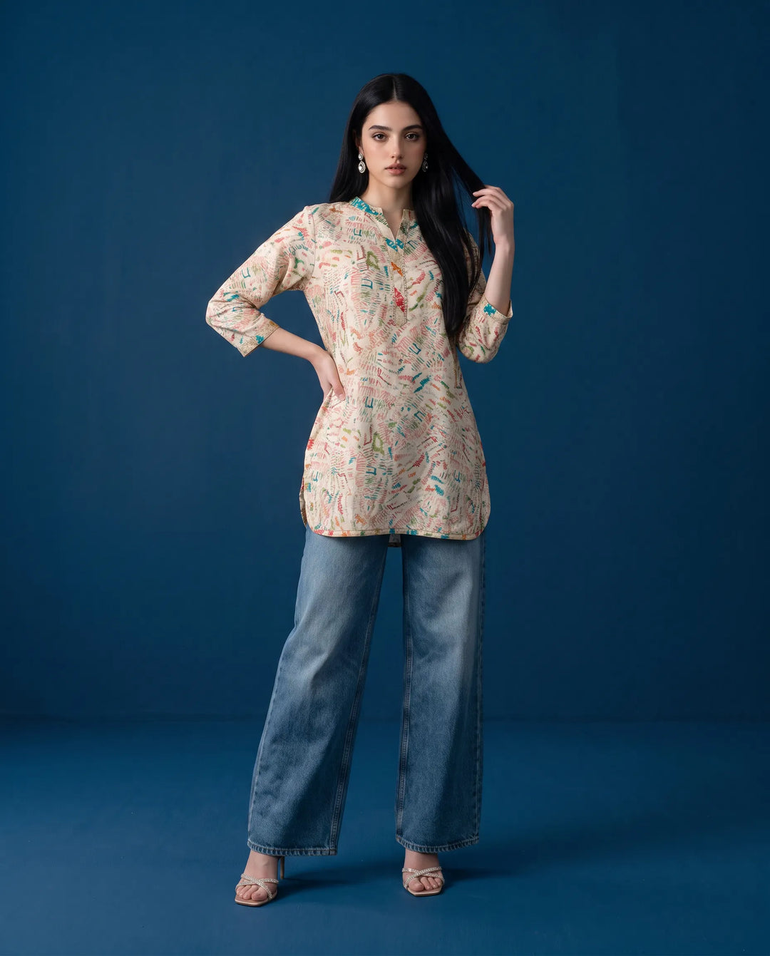 White Printed Viscose BlendedShort Kurti