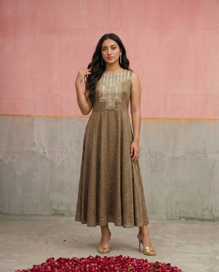 Brown Printed Viscose Blended Sleeveless Maxi Dress