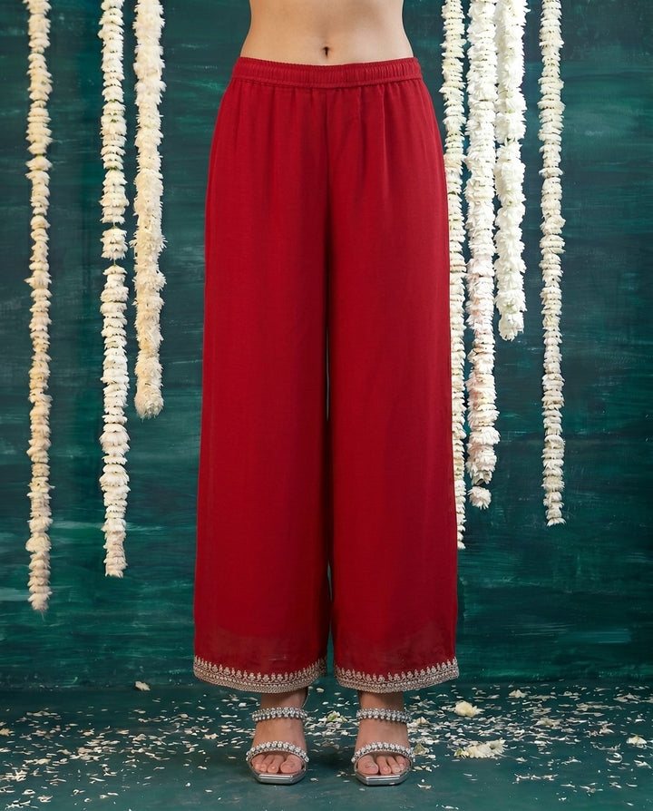Red Embriodered Silk Blended Kurta Bottom Dupatta Set