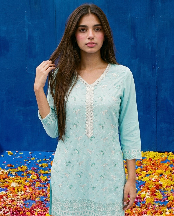 Sky Blue Embriodered Cotton Satin Co-Ord Set