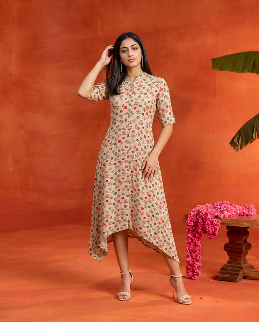 Orange Printed Rayon Maxi Dress