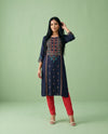 Navy Embroidered Rayon Straight cut Long Kurta